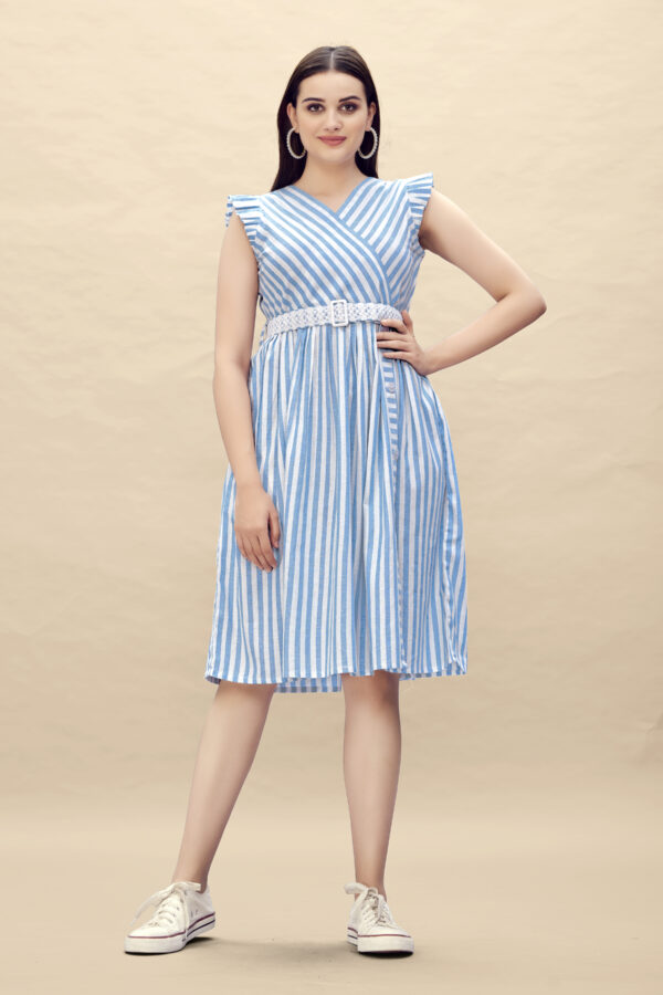 Pure Cotton Striped Gathered Dress with Embroidery Belt