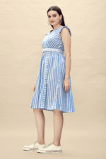 Pure Cotton Striped Gathered Dress with Embroidery Belt