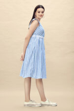 Pure Cotton Striped Gathered Dress with Embroidery Belt