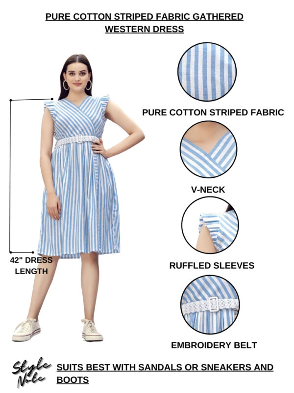 Pure Cotton Striped Gathered Dress with Embroidery Belt