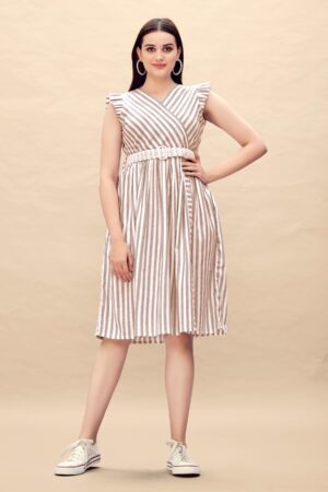 Pure Cotton Striped Gathered Dress with Embroidery Belt