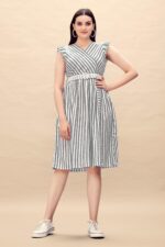 Pure Cotton Striped Gathered Dress with Embroidery Belt