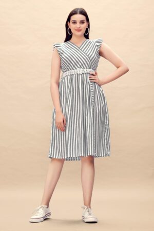 Pure Cotton Striped Gathered Dress with Embroidery Belt