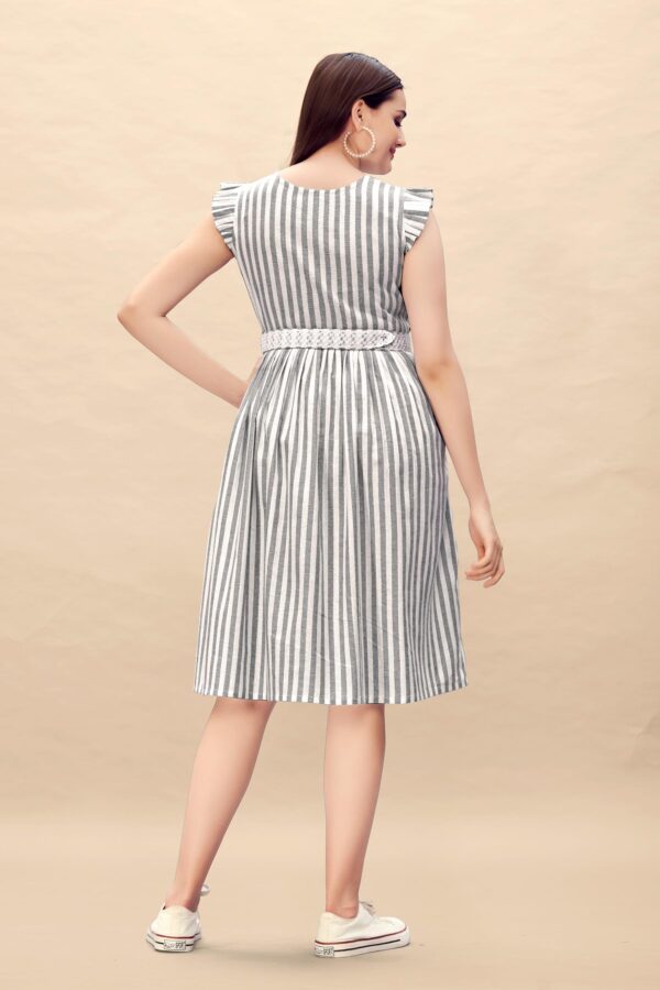 Pure Cotton Striped Gathered Dress with Embroidery Belt