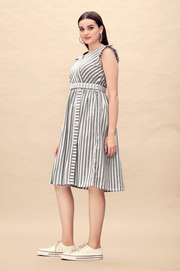 Pure Cotton Striped Gathered Dress with Embroidery Belt