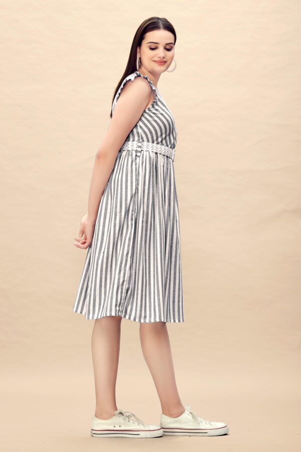 Pure Cotton Striped Gathered Dress with Embroidery Belt