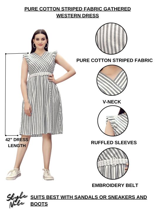 Pure Cotton Striped Gathered Dress with Embroidery Belt