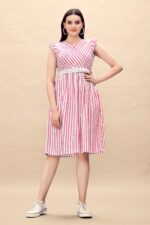 Pure Cotton Striped Gathered Dress with Embroidery Belt