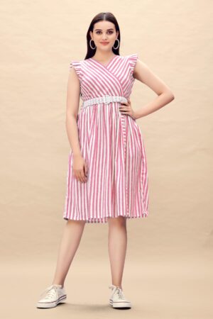 Pure Cotton Striped Gathered Dress with Embroidery Belt