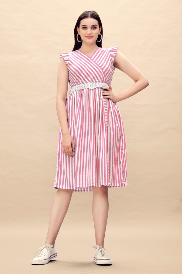 Pure Cotton Striped Gathered Dress with Embroidery Belt