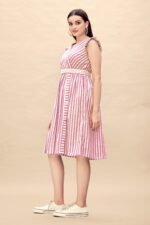 Pure Cotton Striped Gathered Dress with Embroidery Belt