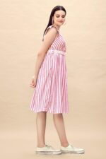 Pure Cotton Striped Gathered Dress with Embroidery Belt