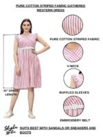 Pure Cotton Striped Gathered Dress with Embroidery Belt