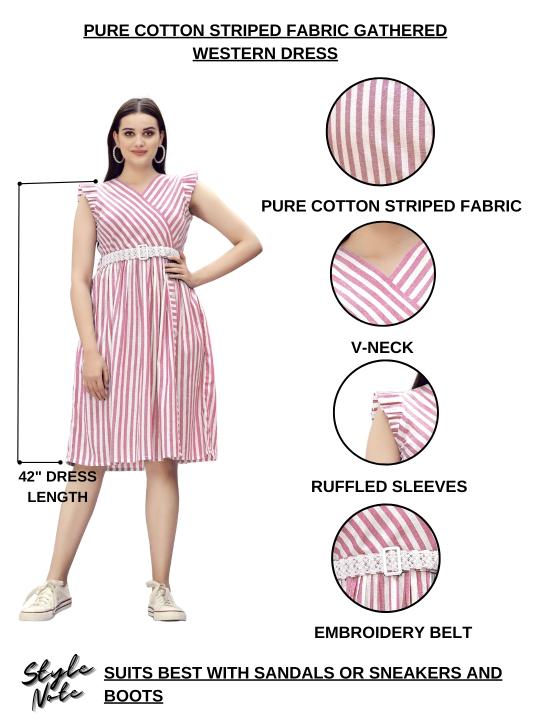 Pure Cotton Striped Gathered Dress with Embroidery Belt