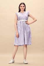 Pure Cotton Striped Gathered Dress with Embroidery Belt