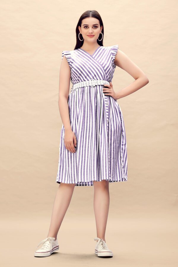 Pure Cotton Striped Gathered Dress with Embroidery Belt