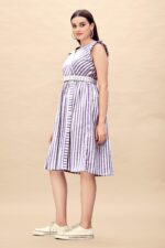 Pure Cotton Striped Gathered Dress with Embroidery Belt