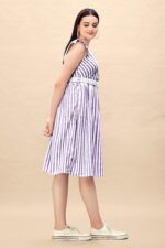 Pure Cotton Striped Gathered Dress with Embroidery Belt