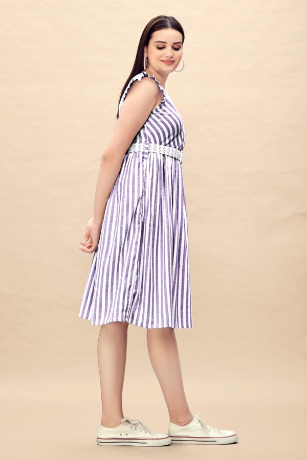 Pure Cotton Striped Gathered Dress with Embroidery Belt