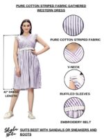 Pure Cotton Striped Gathered Dress with Embroidery Belt