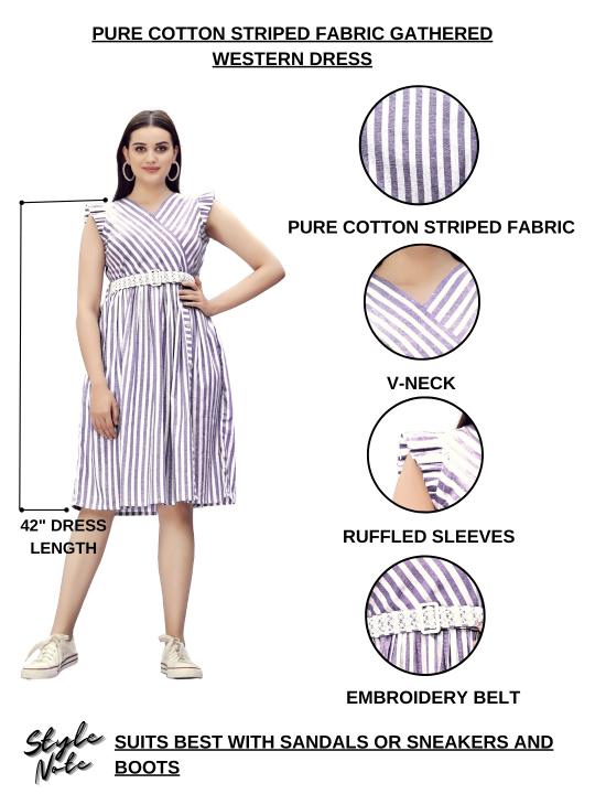 Pure Cotton Striped Gathered Dress with Embroidery Belt