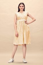 Pure Cotton Striped Gathered Dress with Embroidery Belt