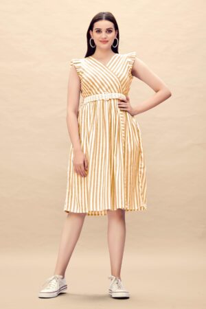 Pure Cotton Striped Gathered Dress with Embroidery Belt