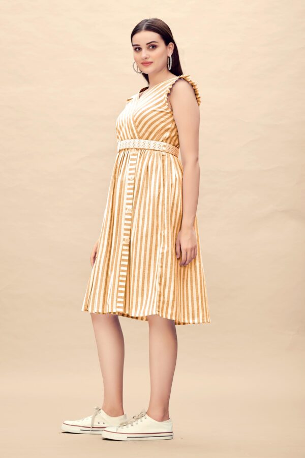 Pure Cotton Striped Gathered Dress with Embroidery Belt