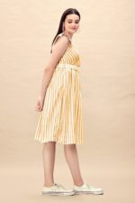 Pure Cotton Striped Gathered Dress with Embroidery Belt