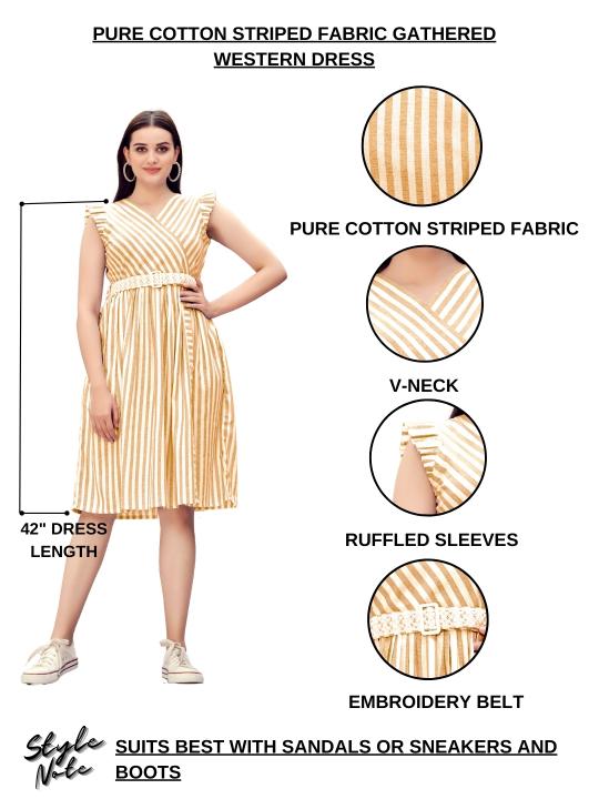 Pure Cotton Striped Gathered Dress with Embroidery Belt