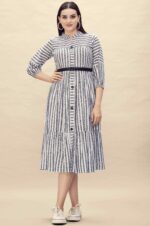 Pure Cotton Striped Gathered Dress with Belt