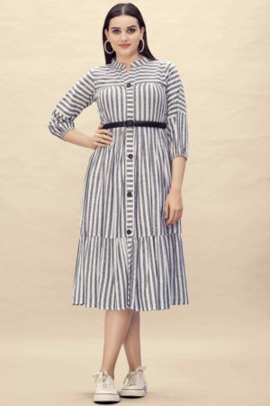 Pure Cotton Striped Gathered Dress with Belt