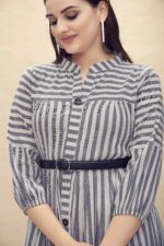 Pure Cotton Striped Gathered Dress with Belt