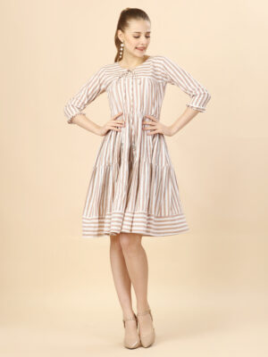 Pure Cotton Striped Gathered Dress with dori