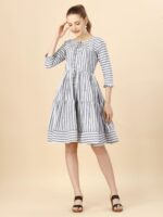 Pure Cotton Striped Gathered Dress With Dori