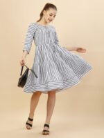 Pure Cotton Striped Gathered Dress With Dori