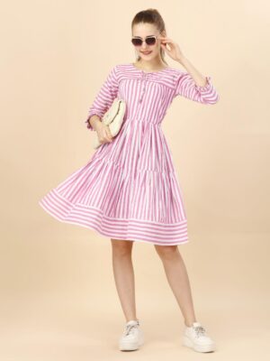 Pure Cotton Striped Gathered Dress with dori