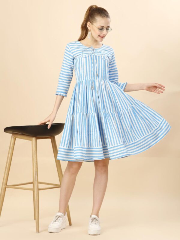 Pure Cotton Striped Gathered Dress with dori