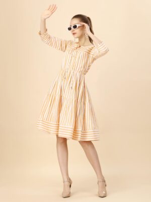 Pure Cotton Striped Gathered Dress with dori