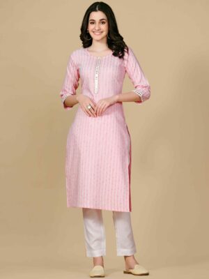 Glomee Striped Cotton Blend Sequence Kurta With Mirror Work Lace.